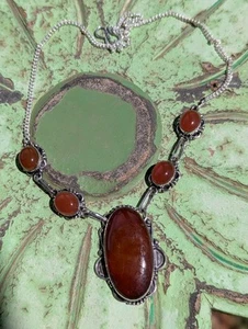 NEW! WOT 20" MARKED .925 SILVER & GENUINE CARNELIAN 20" STATEMENT NECKLACE - Picture 1 of 8
