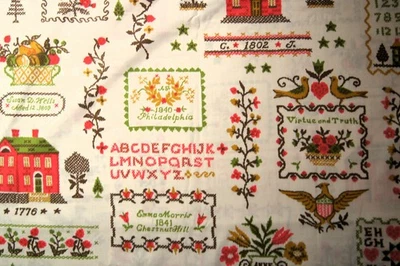 2+ Yards Vintage Country Cross Stitch Sampler Cotton Quilting Fabric 93" X 44" - Image 1 of 2