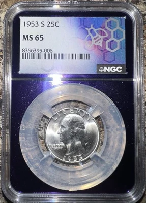 1953-S 25c Washington Quarter NGC Cert MS65 - Gorgeous Luster! - Image 1 of 2