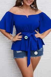 Plus Size Off The Shoulder Peplum Blouse Top Half Bell Sleeve Tie Waist Ruffle - Picture 1 of 2