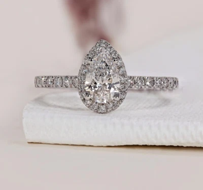 Pear & Round Cut Lab Grown Diamond Halo Style Pretty Ring In Pure 10K White Gold - Image 1 of 4