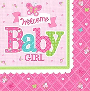 WELCOME BABY GIRL Shower Lunch Dinner Size PAPER NAPKINS gender reveal 16pc 2ply - Picture 1 of 1