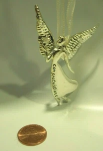 CHRISTMAS TREE ORNAMENT HOLIDAY SILVER METAL CONGRATULATIONS ANGEL BROOCH PIN 3" - Picture 1 of 3