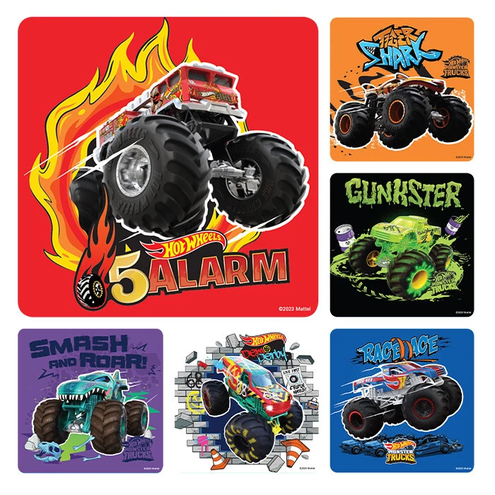 25 pegatinas Hot Wheels Monster Trucks, 2,5"x2,5" cada una, favores de fiesta Foto 1 de 1