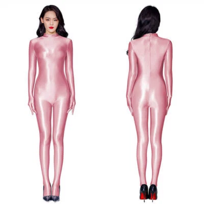 Mujeres Brillante Satén Brillante Gato Traje Lencería Wetlook Body Mono con Guantes Foto 1 de 4
