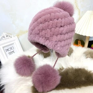 Echt Kaninchen Fell Mütze mit Pom Pom Damen Schneekappe Wintermütze Strickmütze - Bild 1 von 17