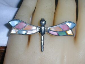 WOW~ SUPER LARGE COLORFUL MOTHER OF PEARL FLAPPING BUTTERFLY WING RING-SZ 6.5!