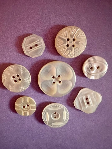 (8) Antique Vintage Carved, Etched Iridescent Mother of Pearl Buttons Cover