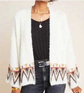 Anthropologie Flynn Tribal Print Cropped Open Cardigan Kimono Fuzzy Size LG - Picture 1 of 13