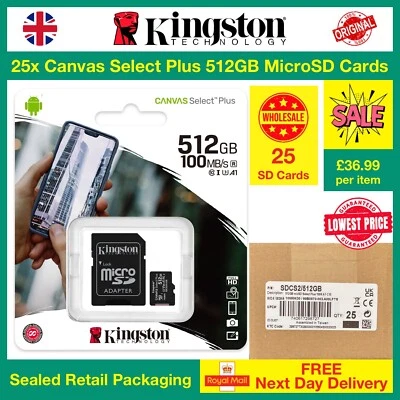 25x Kingston Canvas Select Plus 512GB microSD (SDXC) Card SDCS2/512GB + Adaptor - Image 1 of 4