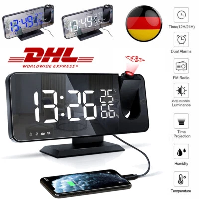 LED Radiowecker mit Projektion digital dimmbar Tischuhr Alarm USB FM - DHL - Bild 1 von 4