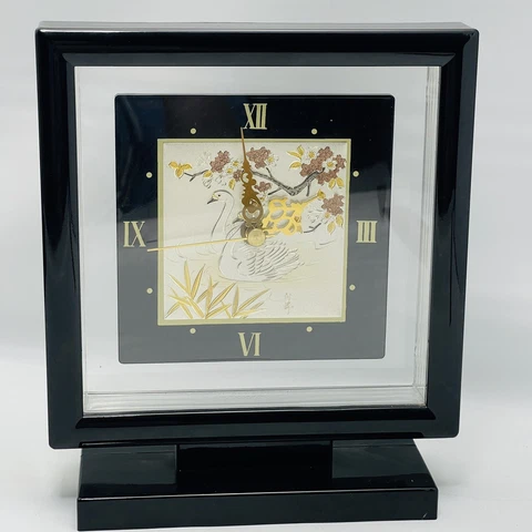 Tochigi Tokei Black Lacquerware Swans Clock Vintage 80’s Working See Video Cover