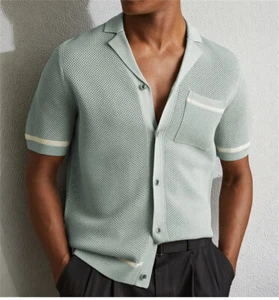 Men's Short Sleeve Knit Shirts Vintage Button Down Shirt Casual Beach Tops - Imagen 1 de 13