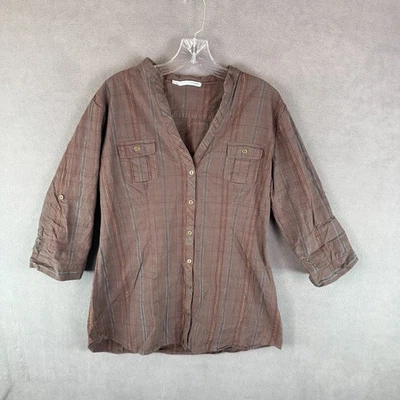 Camisa para mujer Maurices XL marrón a rayas con botones ligera manga con lengüeta enrollable Foto 1 de 4