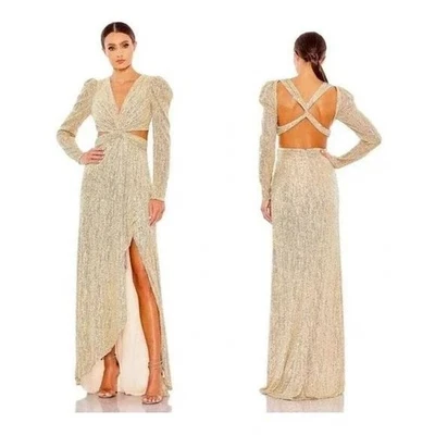 Mac Duggal Metallic Puff Sleeve Front Twist Cut-Out Gown in Gold Size 6 NEW - Image 1 of 4