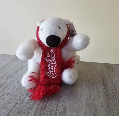 Coca-Cola Coke Mini Bear Plush Stuffed Animal White Polar Bear Red Winter Scarf  - Image 1 of 4