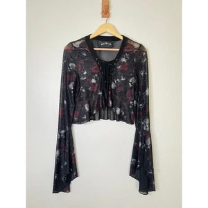 Killstar Mesh Black Skull Rose Print Bell Sleeve Top Size Medium - Picture 1 of 5