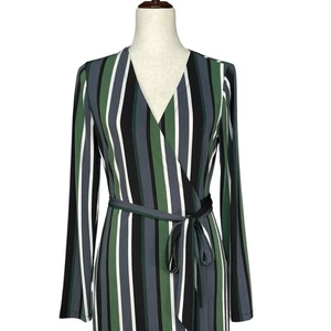 Ann Taylor Factory Green Gray Striped Long Sleeve Wrap Dress - Women's Medium - Picture 1 of 9