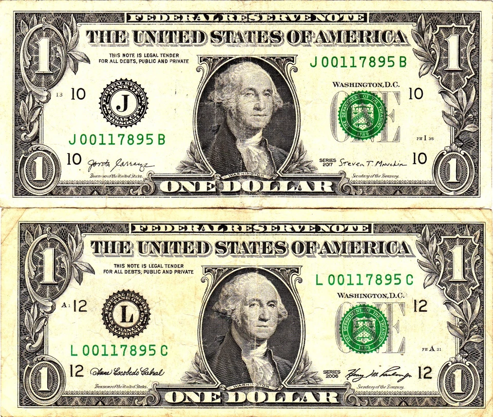 $1 2017 2006 Fancy Serial MATCHING LOW SERIALS J00117895B  L00117895C - Image 1 of 1