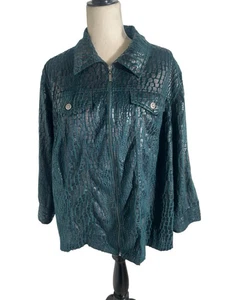 Ruby Rd Jacket Womens 20W Green Crocodile Print Textured Lightweight Full Zip - Picture 1 of 13