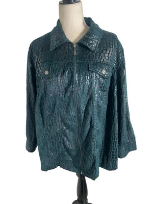 Ruby Rd Jacket Womens 20W  Green Crocodile Print Textured Lightweight Full Zip - Image 1 of 4