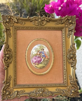 Vtg Signed Fragonard Limoges Courting Couple Plaque Framed Wall Art Velvet - Image 1 of 4
