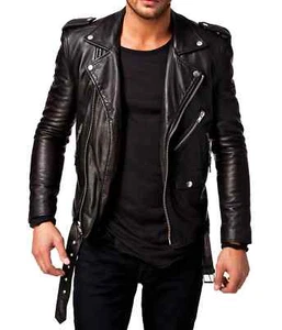 Men Leather Jacket Motorcycle Black Slim fit Biker Genuine lambskin jacket - Picture 1 of 3