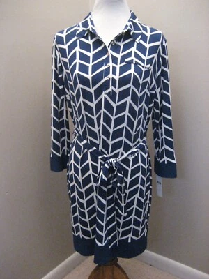¡NUEVO CON ETIQUETAS! Vestido Camisa DONNA MORGAN Azul Marino/Blanco Elástico con Cinturón Talla 14P Foto 1 de 4