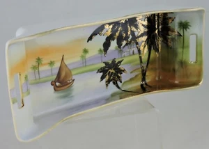 NIPPON RECTANGLE HANDLED DISH,GOLD,PALM TREES,SEASCAPE SCENIC HAND PAINTED - Picture 1 of 12