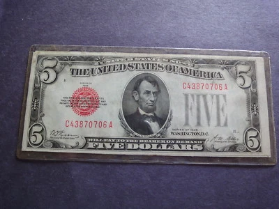 USA Paper  1928  $5 U S Note Red Seal Free Shipping - Image 1 of 4