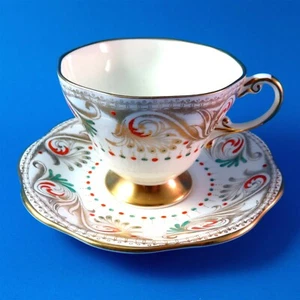 Hand Painted Gold, Green and Red Swirl Design Foley Teacup and Saucer Set - Picture 1 of 3