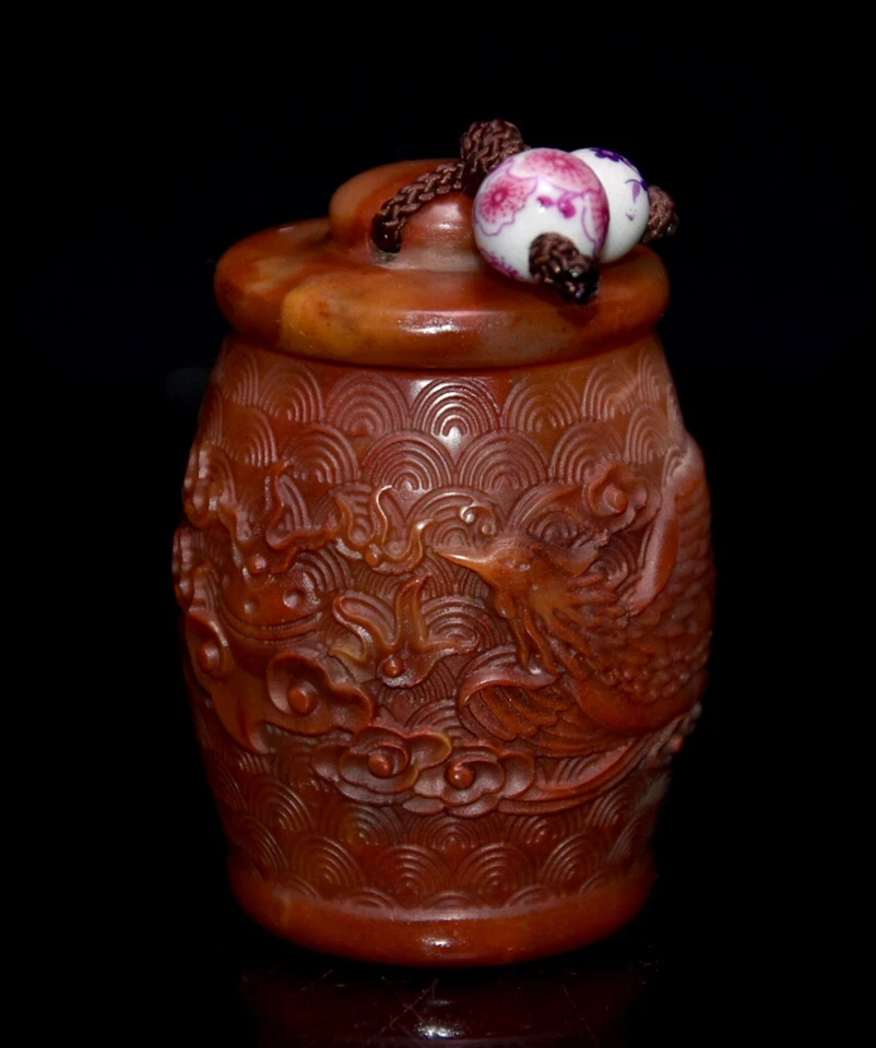 Olla de tarro pequeña con patrón de fénix tallada a mano piedra natural china Shoushan 1262 Foto 1 de 4