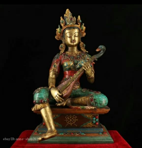 35cm collect Old Tibet Brass inlay Turquoise Kwan-yin Guanyin Statue AZYC - Picture 1 of 9