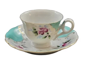 Antique Demitasse Tea Cup & Saucer Hand Painted Pink Floral Green Gold Trim - Picture 1 of 11
