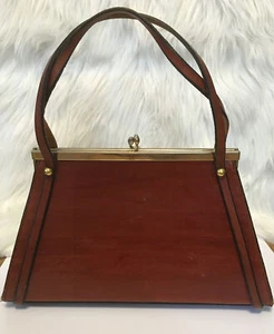 VTG Reddish Brown LEATHER PURSE Bag - Kiss Closure Pocket Book - Picture 1 of 12