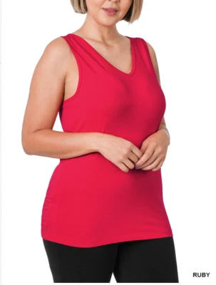 Zenana  2X Soft  Cotton Spandex Tank Top V Neck Racer Back Wide Strap  Ruby - Image 1 of 3
