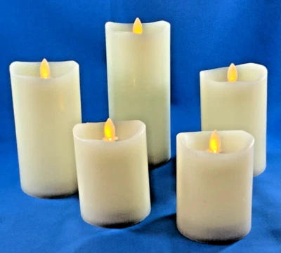 NEW RARE SET OF 5 BATTERY OPERATED IVORY PILLAR CANDLE SET w/MOVING FLAME/TIMER - Image 1 of 4