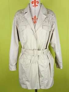 VTG Together! Women's Sz M Belted Embroidered Trench Coat Beige Pockets EUC - Picture 1 of 12