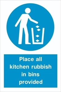 Food & Hygiene Sign - Kitchen Rubbish in Bins - 1.2mm Rigid PVC - A5 A4 A3 - Picture 1 of 2