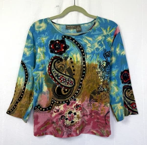 Jane Ashley Top Damen Gr. M Mehrfarbig Paisley Pailletten 3/4 Arm Strick Artsy Tee - Bild 1 von 8