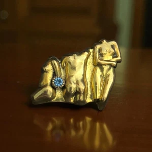 Art Nude Bronze-Antique Gold Tone Brooch PinBlue Crystals Costume Jewelry - Picture 1 of 3