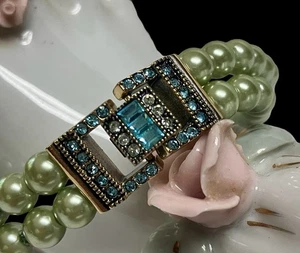Estate NWOT HEIDI DAUS “GREEN FAUX PEARL” BRACELET-Aqua Swarovski Crystal Clasp - Picture 1 of 7