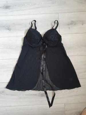 Vintage La Senza Black Lace & Mesh Babydoll Top Size 12 D/DD - Image 1 of 4