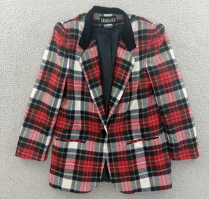 Blazer vintage a quadri donna 8 rosso a quadri tartan misto lana velluto colletto giacca - Foto 1 di 8