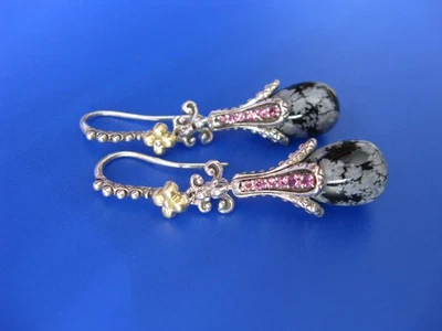 BARBARA BIXBY EARRINGS GEMSTONE Snowflake Obsidian Pink Garnet SS 18K Flower - Image 1 of 2