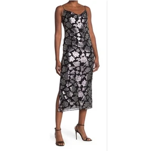 Club Monaco Floral Midi Dress Black Silver Spaghetti Strap Size 2 Party - Picture 1 of 7