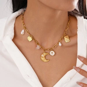 Multi-Element Design Pearl Pendant Necklace Bohemian Necklace Choker Style - Picture 1 of 14