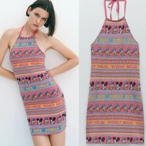 ZARA Disney Donald Duck Knit Dress Pink Multi Retro Cartoon Y2K Style Size M 10 - Picture 1 of 8