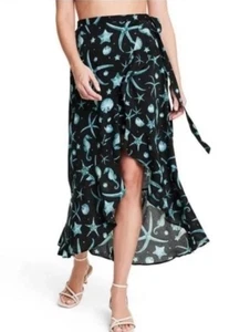 Women's Deep Sea Print Wrap Skirt Agua Bendita Navy Blue Beach Pool Swim Size L - Picture 1 of 10