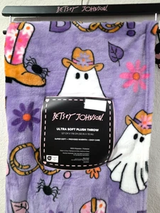 Betsey Johnson Halloween Ghost Cowboy Boots Pumpkin Purple Throw Blanket - Picture 1 of 5